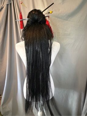Rubie's Long Black Straight Hairpiece with Decorative Hair Sticks